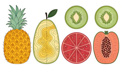 Fruits illustrated like elevation maps &mdash; contour lines, depth markings, geological color codes instead of realistic shading