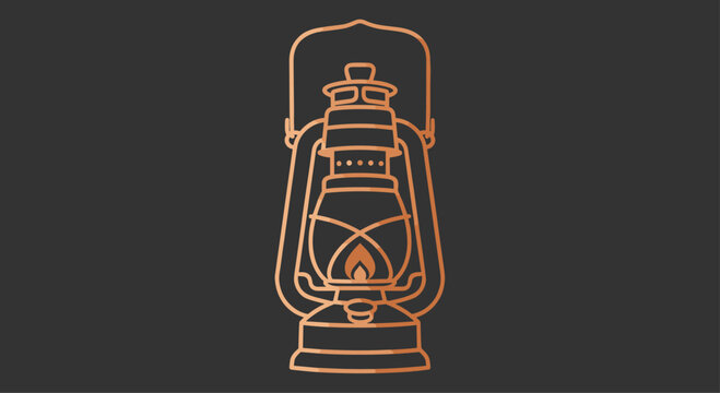 Vintage kerosene lantern icon, rendered in a warm metallic gradient outline with a glowing flame, symbolizing traditional light and cozy ambiance on a dark background.