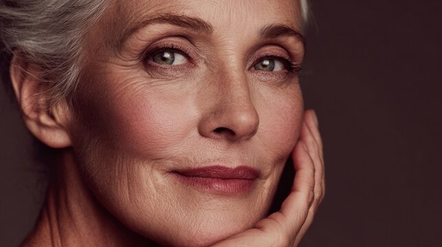 A woman with grey hair and a green eye is smiling