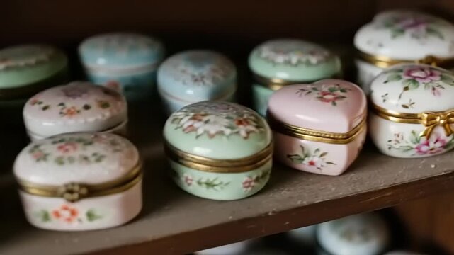 Collection of Vintage Porcelain Trinket Boxes with Floral Designs on Wooden Shelf.