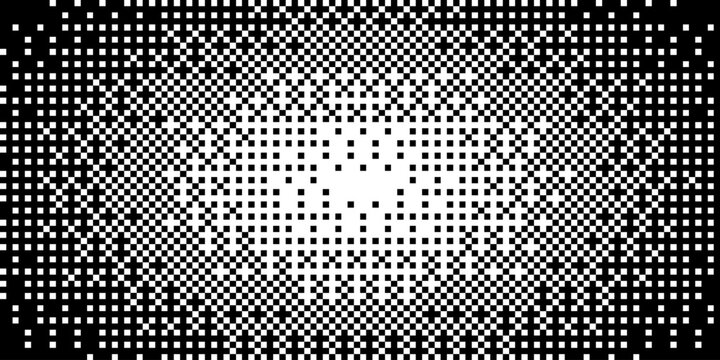 Abstract halftone bitmap overlay background banner with a pixel square pattern for tech designs, posters, flyers, web backgrounds, digital art, album covers, and modern graphic projects. Vector