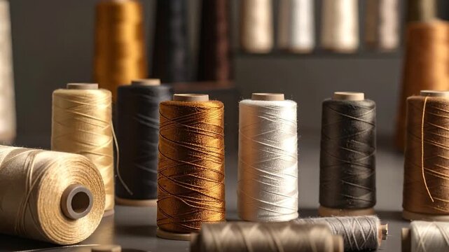 Close-up shot of various colorful spools of thread arranged on a reflective surface, ready for sewing.