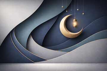 Golden Crescent Moon, Lantern, and Stars for Islamic Celebrations