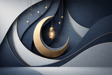Elegant Islamic Crescent Moon and Lantern Illustration