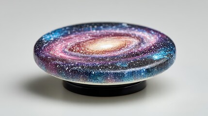 Galaxy Patterned Round Object on White Surface with Cosmic Swirls and Dark Edges Artistic Presentation Space Theme Smooth Texture and Simple Design
