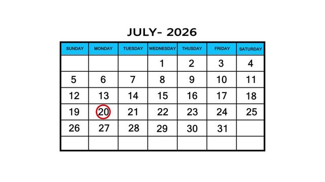 The calendar of July month 20th day is red circled, looped animation .Avery important date in the calendar. Signing a day on a calendar. 4k animation white background 