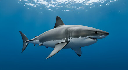 Naklejka premium Stunning view of a magnificent great white shark gliding effortlessly through the shimmering azure waters, embodying the ocean's wild majesty and formidable power