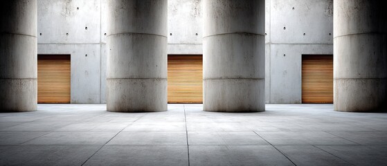 Naklejka premium Three large industrial roller doors in front of a warehouse with a concrete floor under modern architecture during daylight