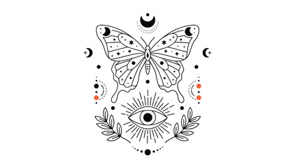Obraz premium Intricate line art illustration featuring a mystical butterfly, celestial moons, an all-seeing eye, and delicate leaves, invoking a spiritual and magical theme.
