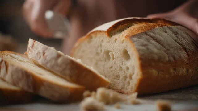 Close-up of hands cutting a fresh loaf of crusty bread in 4k 24 fps (ताजा रोटी काटने का क्लोज-अप)