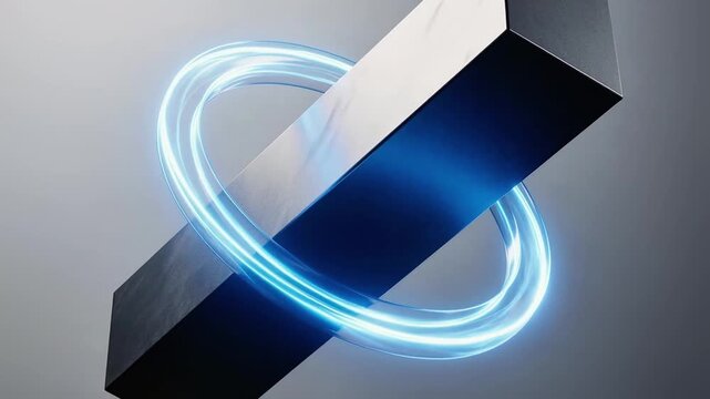 Glowing blue energy ring rotates around a tilted rectangular metal bar in a minimal futuristic 3d scene