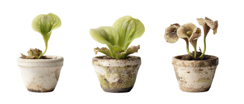 Life cycle sequence of a butterwort plant showing leaf development and decline isolated on transparent background
