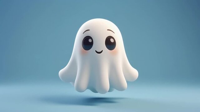 A cute cartoon ghost character floats in mid-air with a smiling face and rosy cheeks against a blue background