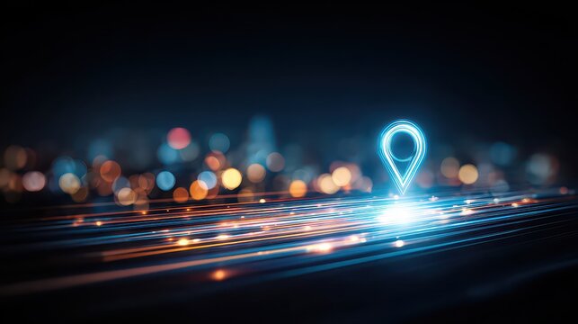 Glowing Blue Location Pin Icon on a Dark Blue Background with Light Streaks and Blurry City Lights at Night
