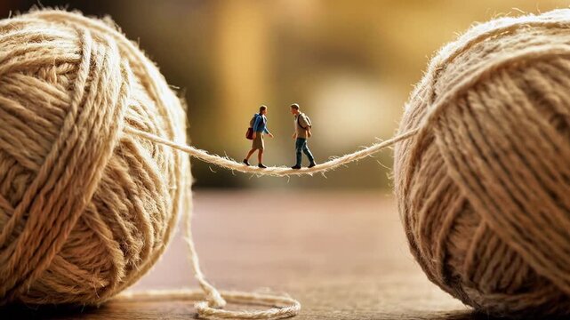 Miniature hikers walk along a stretched twine rope suspended between two large balls of yarn indoors