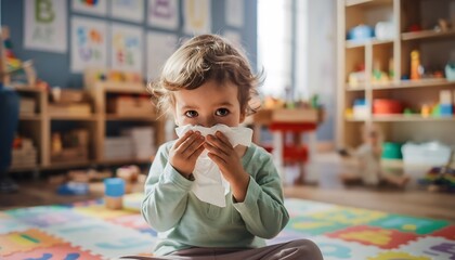 Adorable toddler with a runny nose wiping face with a tissue in a bright, colorful playroom, a concept of childhood health, well-being and care, health, children, parenting