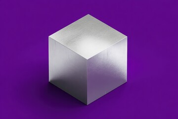 Isometric View of Dotted Silver Cube Against Plain Purple Background with Reflections and Diffused Lighting Simple Geometric Composition Minimalist Aesthetic