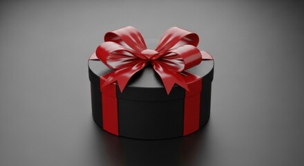 Obraz premium Modern Matte Black Gift Box with Red Satin Ribbon on Dark Gradient