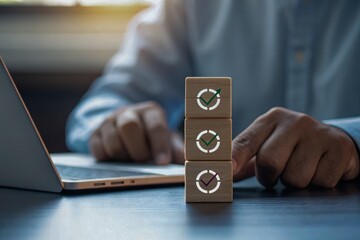 project management execution control. A person interacts with a laptop while stacking wooden blocks with checkmark symbols.