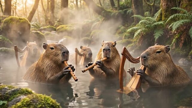 Capybaras playing musical instruments in a natural hot spring in a lush forest with steam rising.
