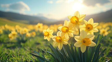 Obraz premium A stunning field of blooming yellow daffodils under a bright sky, radiating warmth and beauty in a serene natural landscape.