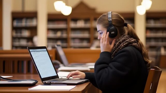 A focused young woman works diligently on her laptop in a library, wearing headphones for concentration. Other students move casually in the background, creating a studious atmosphere.