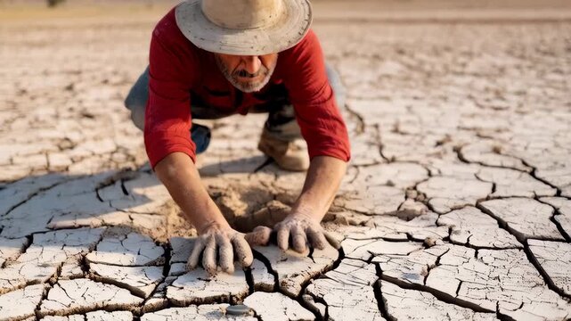 A farmer wearing a red shirt and hat crouches on dry, cracked land, desperately searching for water. He uses his hands to dig into the parched earth under a clear sky.