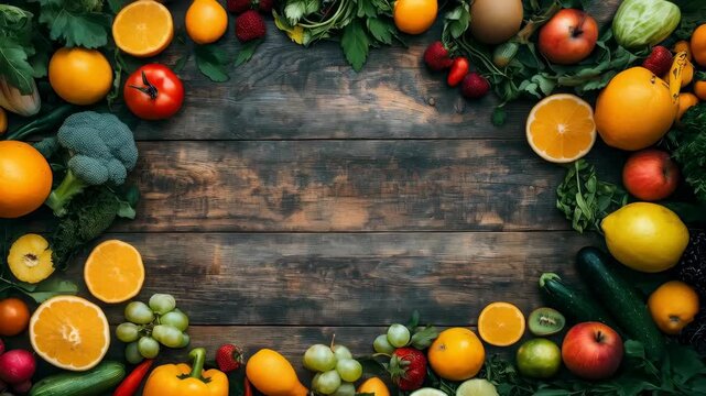 Fresh organic fruits and vegetables are beautifully arranged as a border on a rustic wooden table. The slow zoom-in highlights the vibrant colors and healthy ingredients.