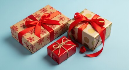 Obraz premium Arrangement of Multiple Wrapped Presents with Red and White Patterns