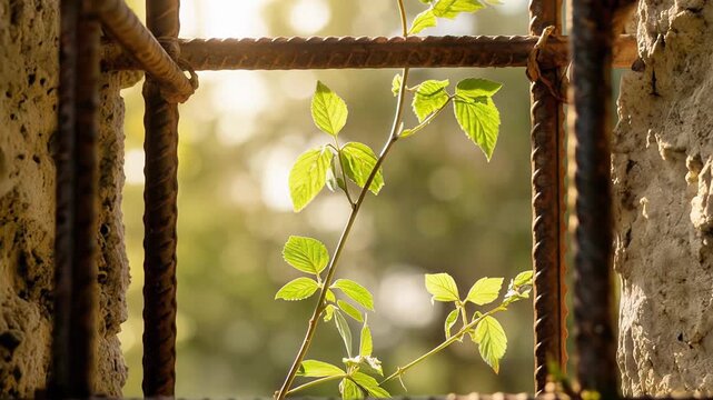 Green vine climbing and weaving through rusty steel rebar grid on a cracked concrete wall in warm sunlight