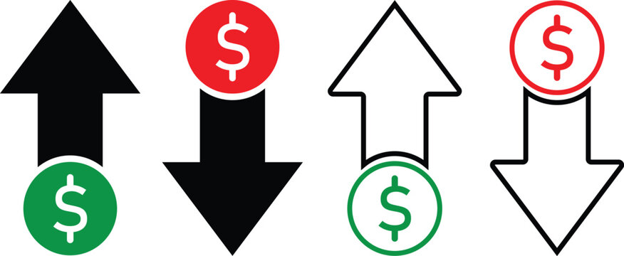 A set of four arrows with dollar sign icons indicating financial growth and loss