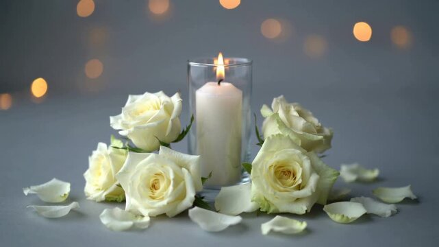 White candle with white roses in a calm memorial setting suitable for funeral and condolence design