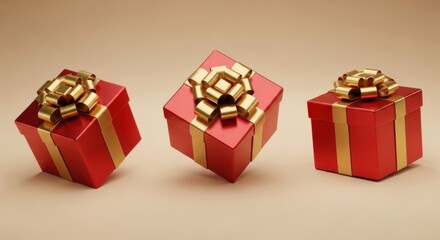 Obraz premium Symmetrical Trio of Crimson Wrapped Gifts with Metallic Gold Detailing