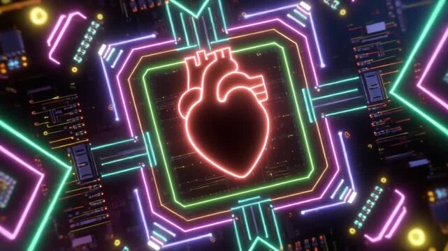Neon Heartbeat Circuit Board in Dark Background with Glowing Lines