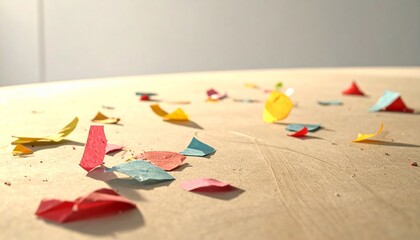 Colorful Paper Confetti Scattered on Wooden Surface with Soft Natural Light