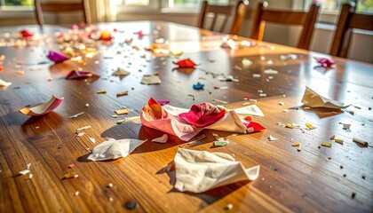 Aftermath of Party Celebration with Confetti and Paper Debris on Wooden Dining Table