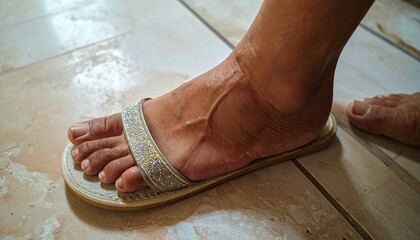 Close-Up of Woman&rsquo;s Foot Wearing Glitter Slide Sandal on Tiled Floor, Natural Skin Texture and Dry Heels