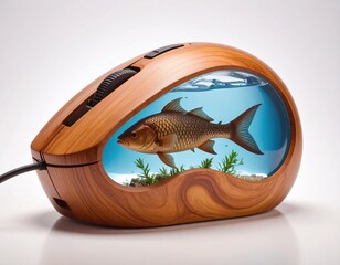 Wooden Computer Mouse with Goldfish Aquarium Inside, Creative Surreal Tech Design