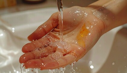 Washing Hands Under Running Water with Visible Dirt and Grease Residue, Hygiene and Cleaning Concept