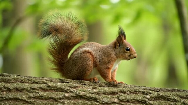 A red squirrel standing on a tree branch in a forest, viewed from the side