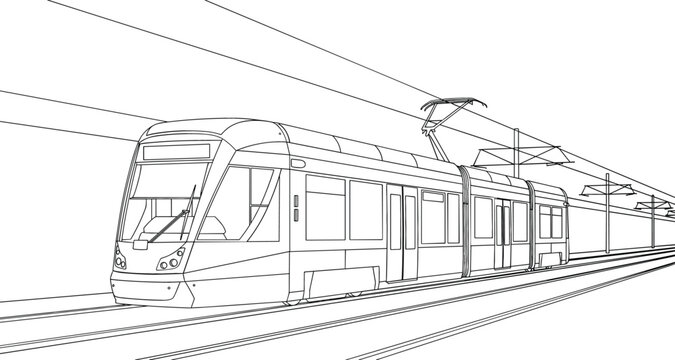 Modern urban tram light rail transit vehicle line art illustration on tracks with overhead power lines for city transportation