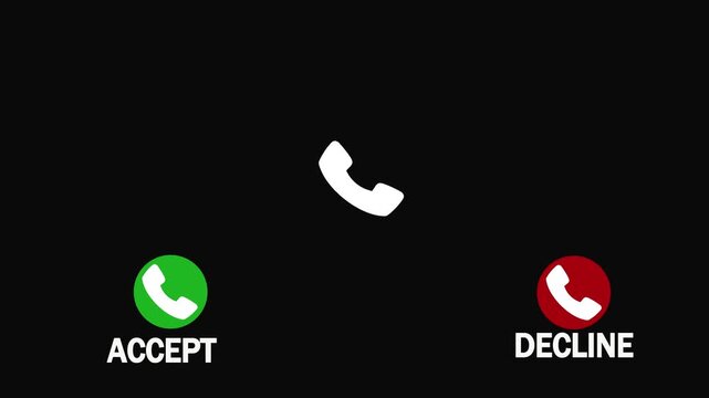 Animated green phone icon on a black background, vibrating and emitting signal waves to simulate an incoming call. Accept and Decline button . 