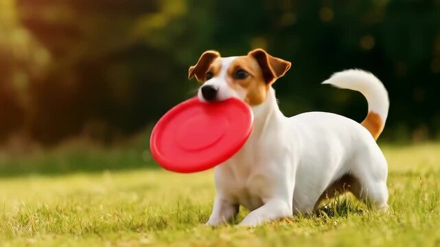 An energetic Jack Russell terrier runs through a sunny green meadow, eagerly chasing and catching a red frisbee before triumphantly standing on its hind legs.