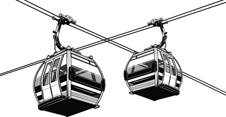 Modern cable car gondola lift line art illustration featuring two cabins suspended on cables for mountain transport and tourism © Bappi