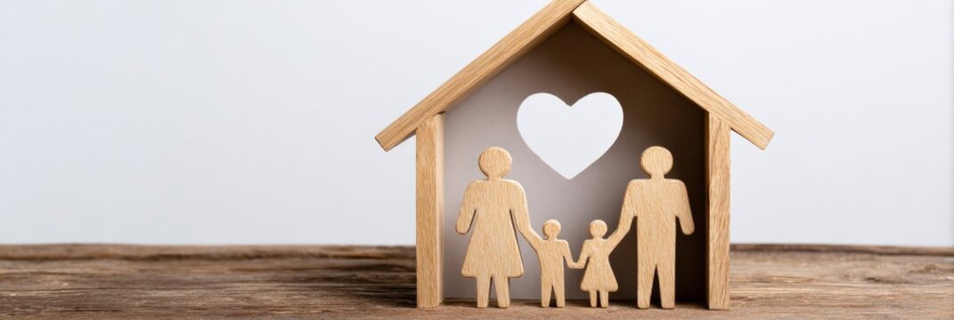 Wooden family figures inside house symbol with heart cutout