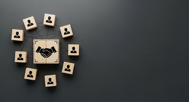 Wooden cubes with male figures around a handshake icon. Human resource management recruiting or partnership concept on dark background.