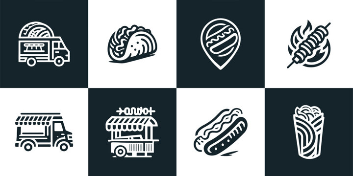 Icon Set Vector of 8 Street Food and Mobile Vendor Icons