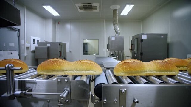 Bread loaves on conveyor belt in industrial bakery production line with stainless steel machines and controlled environment for mass food manufacturing process.