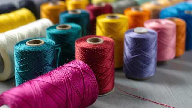 Vibrant spools of thread in various colors arranged on a gray background, ready for crafting.