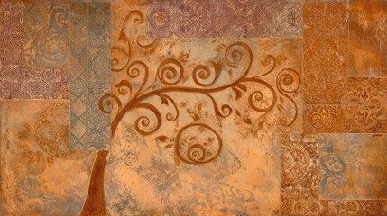 Obraz premium Elegant tree design with swirls and ornate patterns in warm autumn colors for artistic decoration